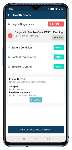 AutoWiz app Vehicle health screen shows engine diagnostics alert and battery condition, coolant temperature emission control status as good