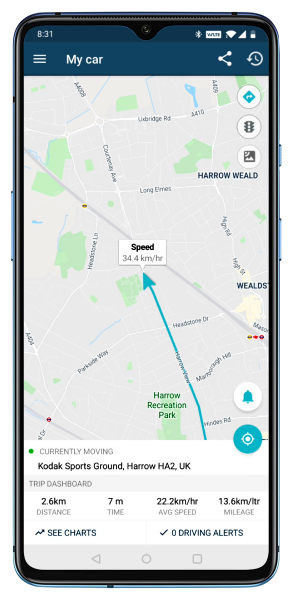 AutoWiz app live tracking screen shows vehicle speed details and travel path on map