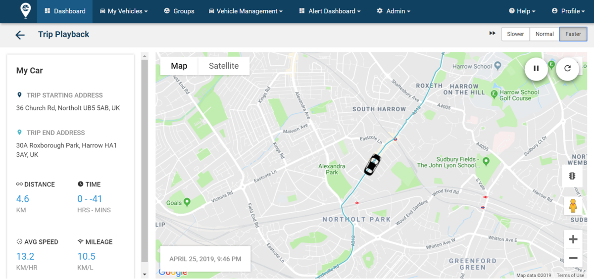 AutoWiz Trip Details Dashboard with Trip playback options