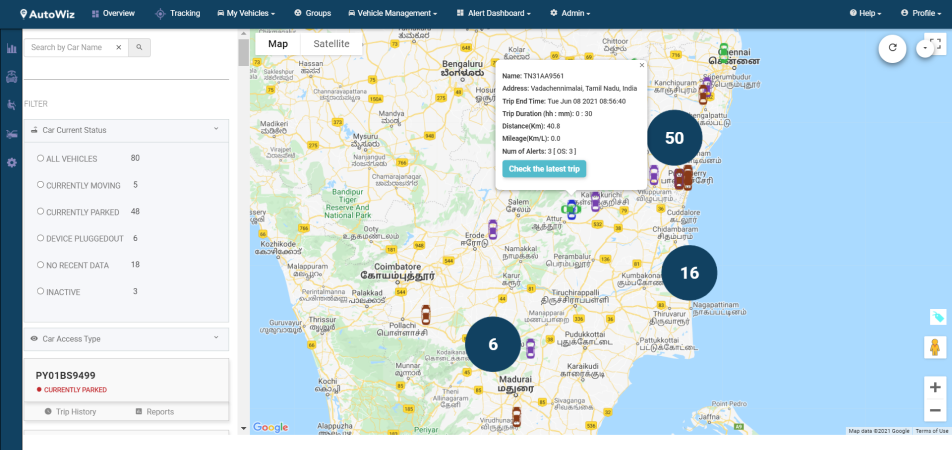 AutoWiz Fleet Management vehicle tracking dashboard with map view and Vehicle details